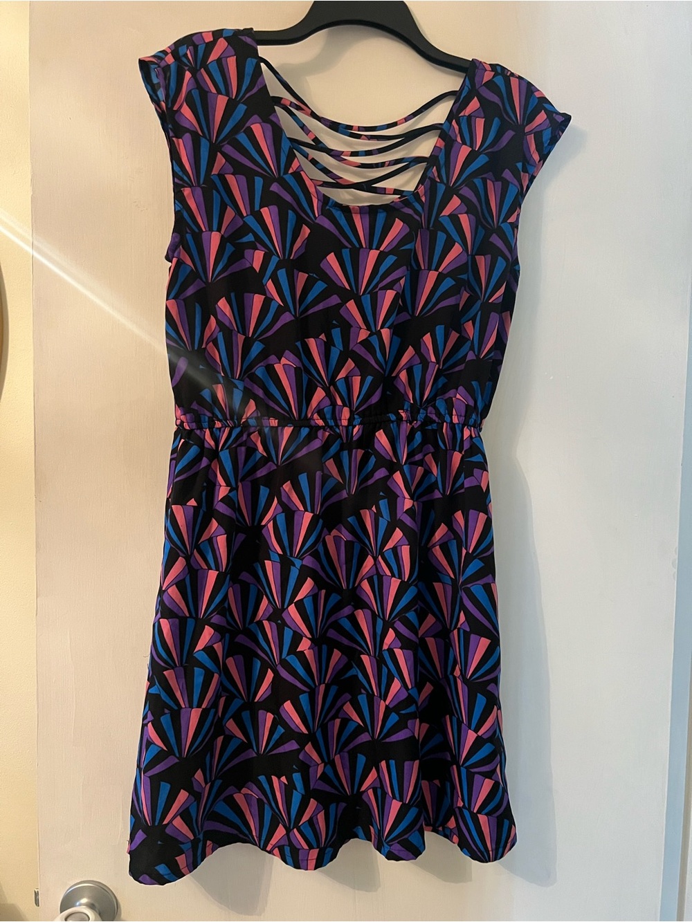 love, Fire Black Mini Dress with Pink, Purple & Blue Fan Print